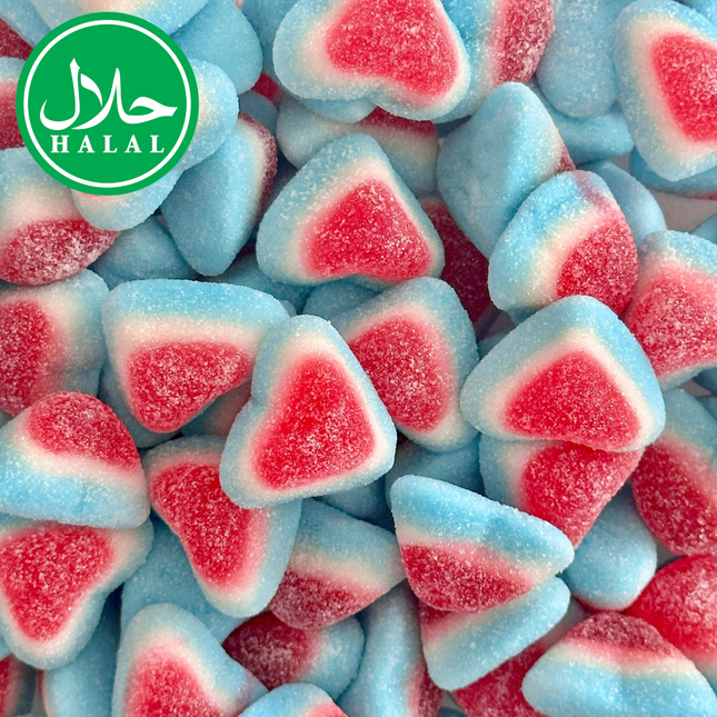 Halal sugared heart-shaped blue and red gummy candies close-up