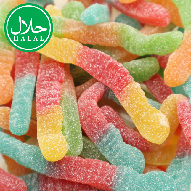 Halal sour gummy worms in assorted colors coated with sugar
