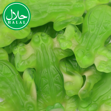 Green halal gummy frog candies close up, jelly sweets