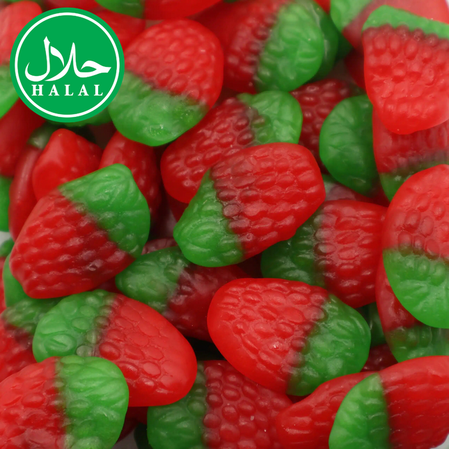 Halal strawberry-shaped gummy candies with red and green colors
