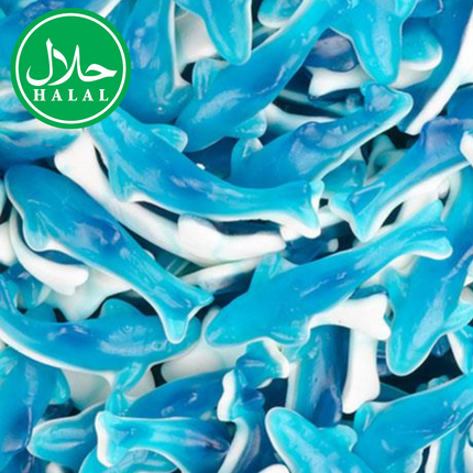 Blue and white shark-shaped halal gummy candies close-up