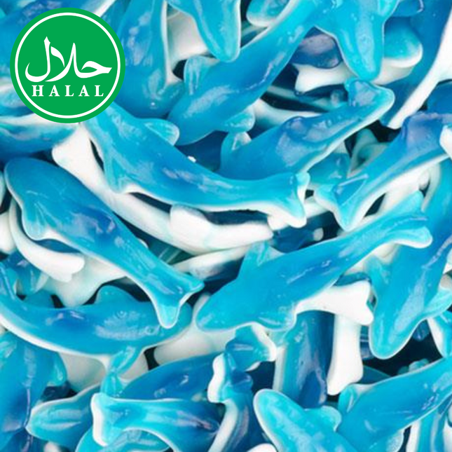 Blue and white shark-shaped halal gummy candies close-up