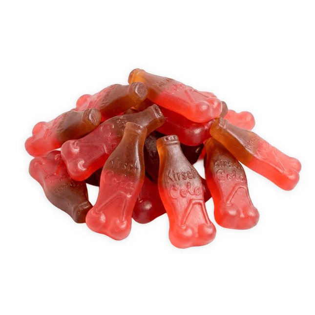 Haribo Kersen Cola Flessen cherry and cola flavored candies in clear plastic bottles, bright and colorful packaging