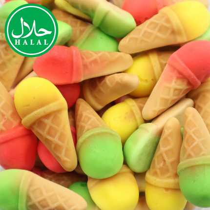 Colorful halal gummy ice cream cone candies, close-up with green halal label.