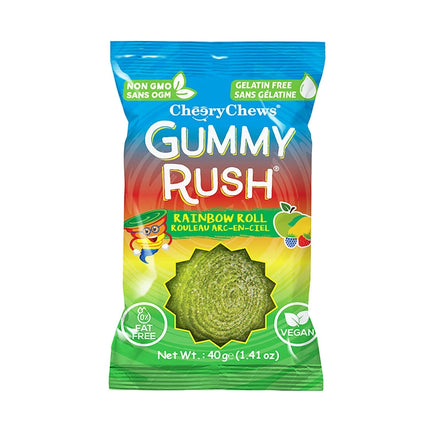 Colorful rainbow gummy candies in a 40g roll from Gummy Rush, showcasing vibrant, chewy treats with a rainbow design.