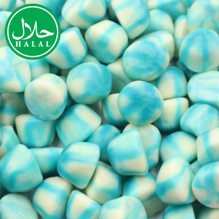 Blue and white twist jelly candies with halal certification badge