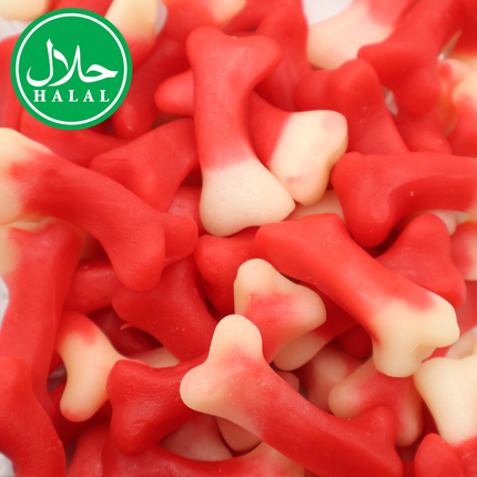 Red and white bone-shaped gummy candies with halal label