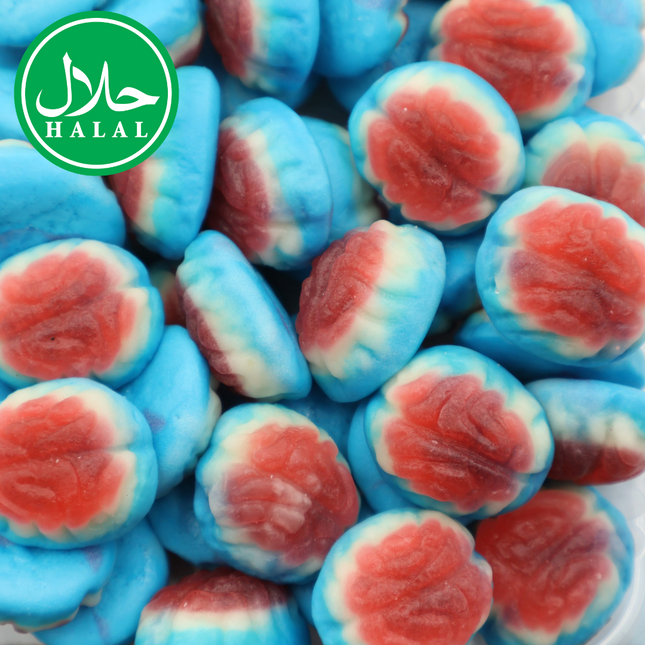 Halal jelly brains gummy candy with blue, red, and white colors, close-up view