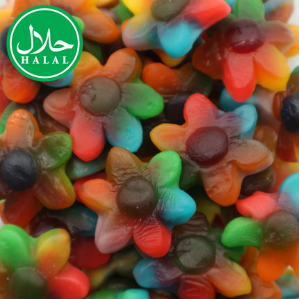 Colorful halal gummy flower candies closeup, assorted chewy sweets