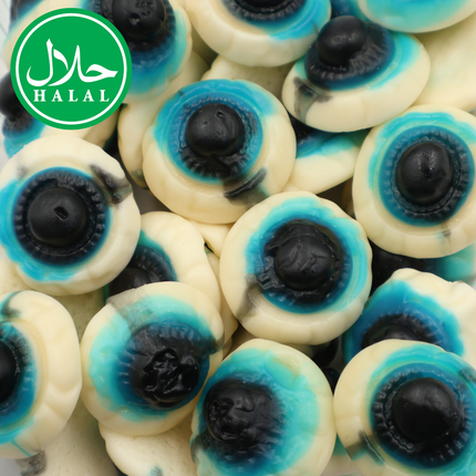 Halal blue and white gummy eyeball candies close-up, novelty schepsnoep