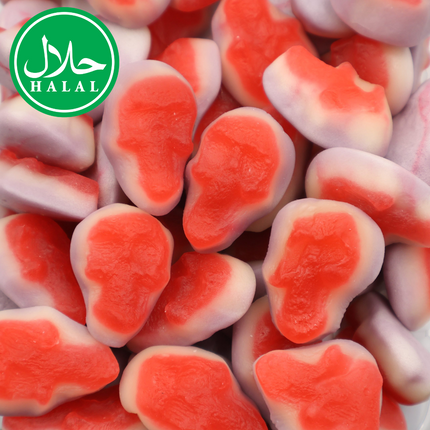 Halal jelly skull candies, red and white, close-up, suitable for halal diets