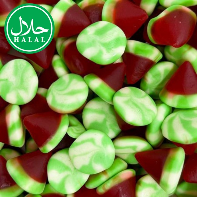 Colorful halal jelly twist cones candy, red and green gummy sweets close-up