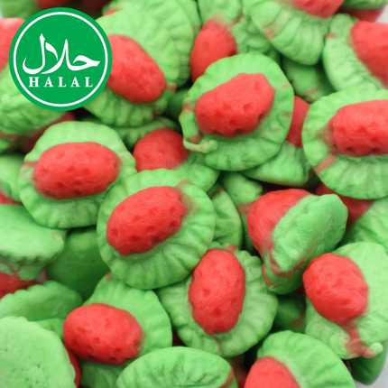 Jelly strawberries from Mijn winkel featuring vibrant, glossy red strawberry-shaped jelly candies on a clear background.