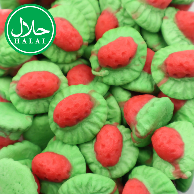 Jelly strawberries from Mijn winkel featuring vibrant, glossy red strawberry-shaped jelly candies on a clear background.