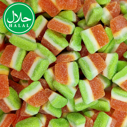 Colorful sugar-coated mango slices candy, green, white, and orange, with halal label