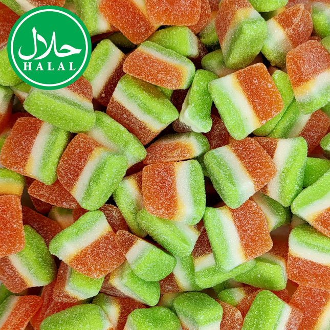 Colorful sugar-coated mango slices candy, green, white, and orange, with halal label