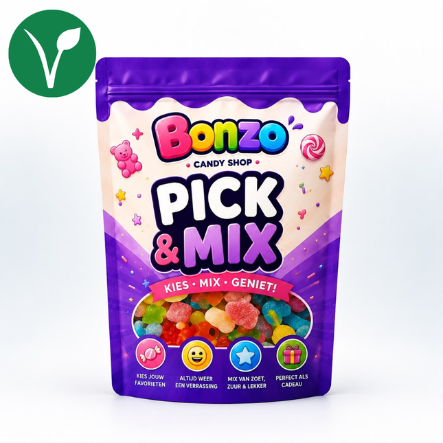 Vegan pick and mix candy selection from Mijn winkel with colorful assorted candies in a clear container.