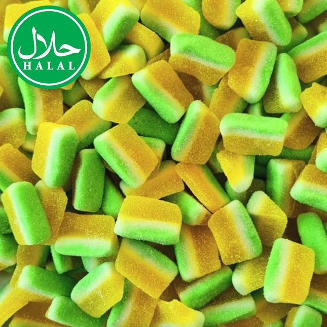 Halal-certified gummy candies with green and yellow pineapple slice flavors