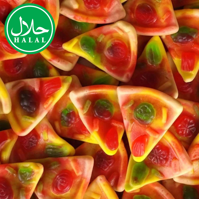 Colorful halal gummy pizza slices candy with fruit toppings, close-up view