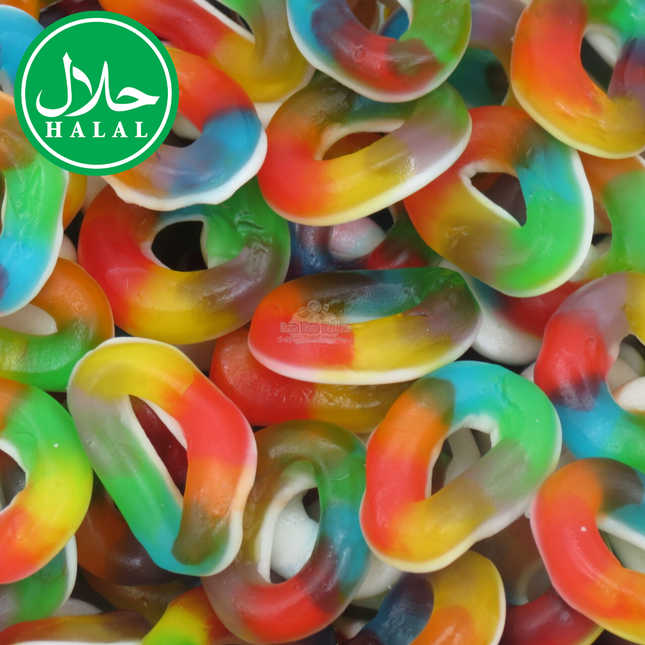 Halal certified rainbow gummy ring candies with vibrant colors