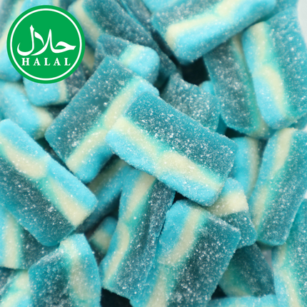 Close-up of blue and white halal gummy candy slices with sugar coating