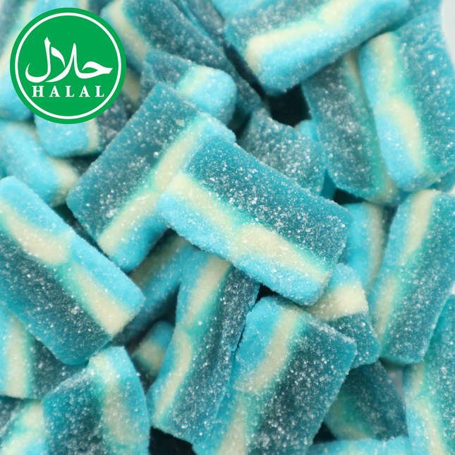 Close-up of blue and white halal gummy candy slices with sugar coating