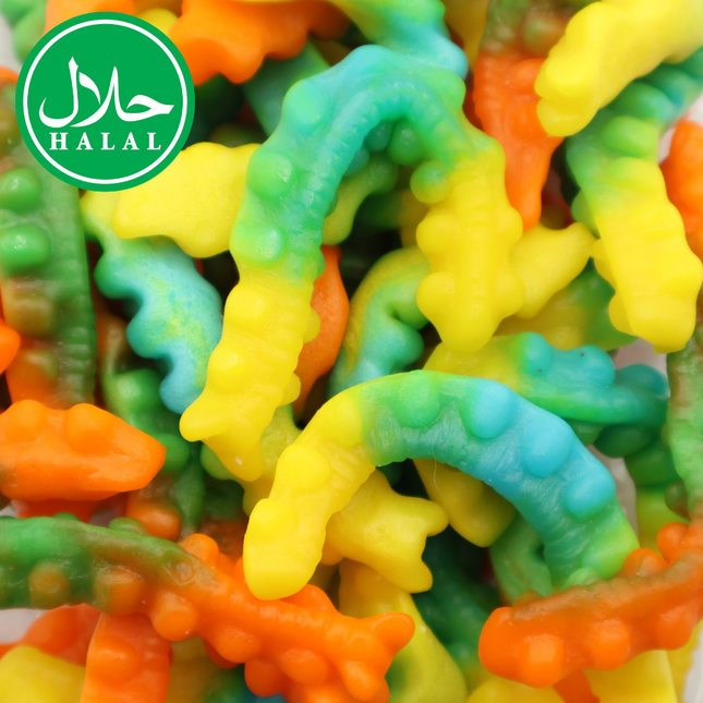 Colorful gummy candy worms with halal label, assorted fruit flavors.