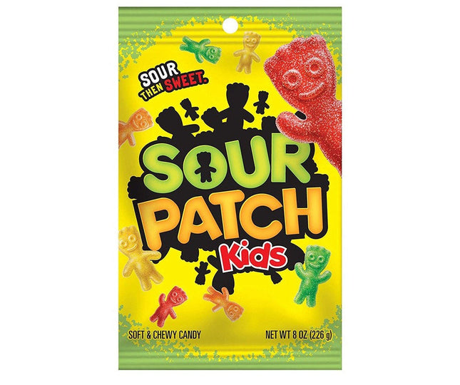 Colorful Sour Patch Kids gummy candies in a 226g bag from Mijn winkel, showing vibrant, sugar-coated fruit-flavored sweets.