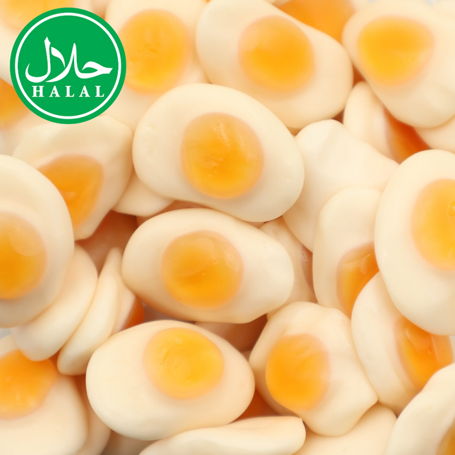 Halal gummy fried egg candies with white and yellow colors, close-up view