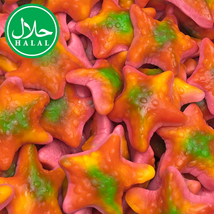 Colorful starfish-shaped gummy candy with halal certification badge, mix of pink, orange, green.