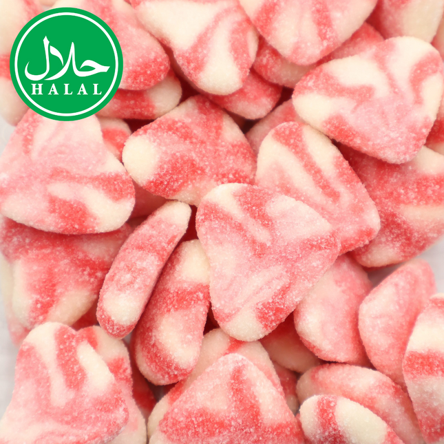 Halal strawberry heart gummies, pink and white, sugar-coated, close-up view