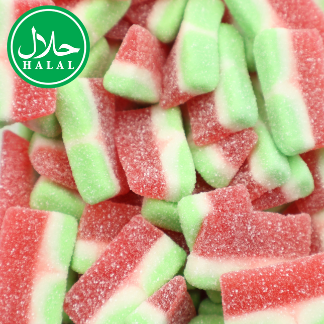 Halal watermelon slice gummy candy, red, green, sugar-coated, close-up view