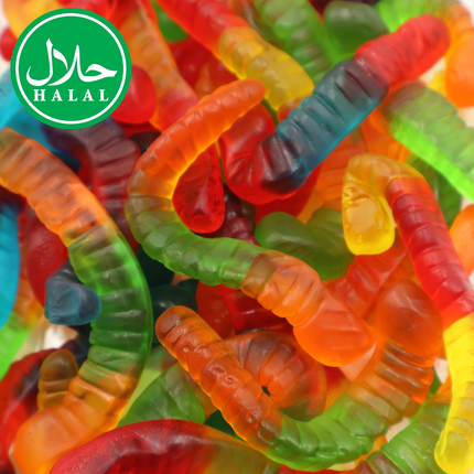 Colorful halal gummy worms candy with halal certification label visible