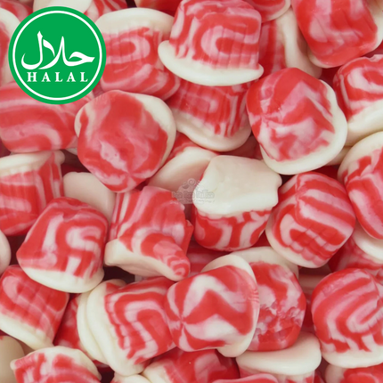 Halal strawberry yogurt gummies with red and white swirls, close-up view.
