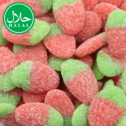Halal sour strawberry gummies with sugar coating, red and green candy close-up