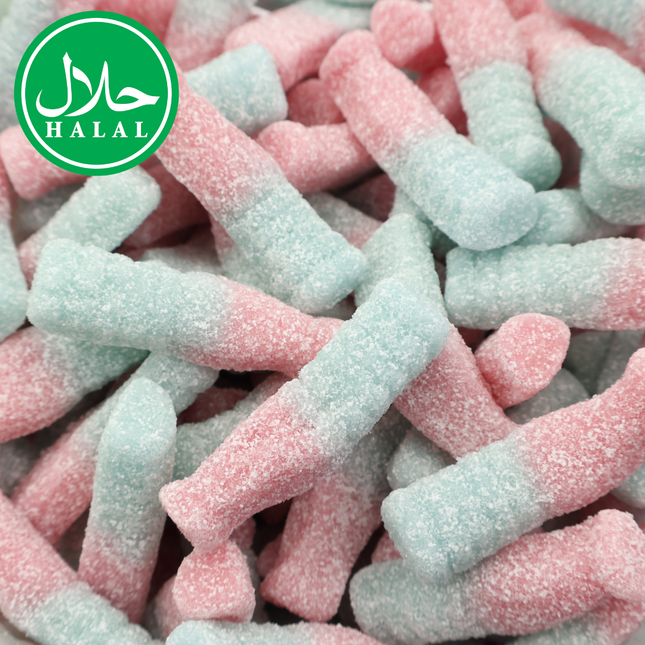 Halal sour candy bottles, pink and blue, coated in sugar
